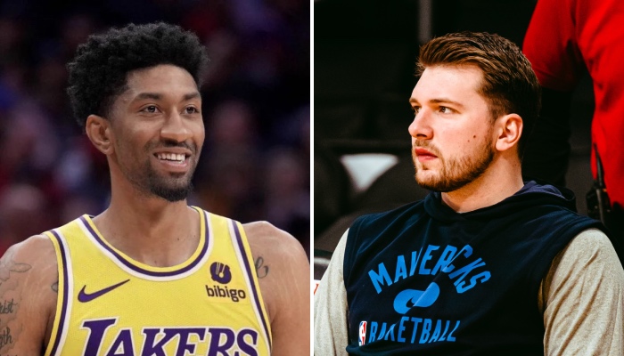 L'intérieur des Los Angeles Lakers, Christian Wood (gauche) et la superstar NBA des Dallas Mavericks, Luka Doncic (droite)