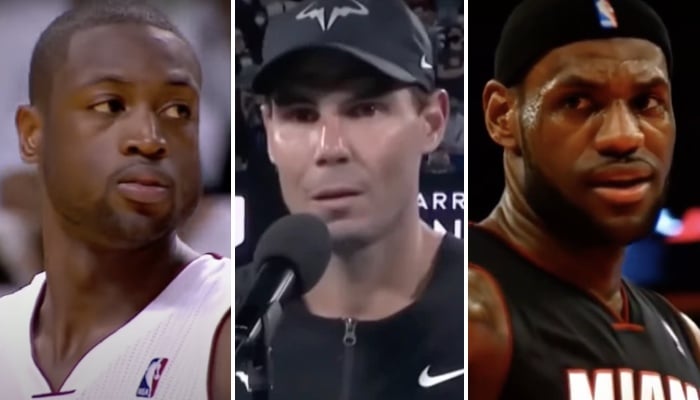 Les légendes de la NBA, Dwyane Wade (gauche) et LeBron James (droite), ainsi que l'icône du tennis Rafael Nadal (centre)