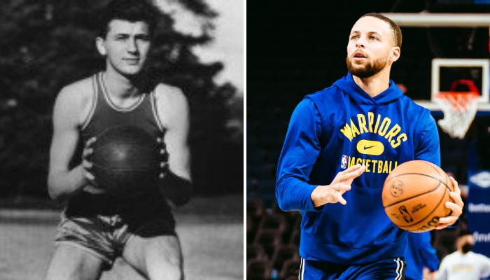 Le mythique joueur de l'université de Stanford, Hank Luisetti (gauche), et la superstar NBA des Golden State Warriors, Stephen Curry (droite)