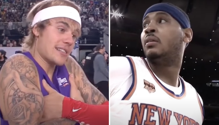 Le célèbre artiste Justin Bieber (gauche) et la légende NBA Carmelo Anthony (droite), ici sous les couleurs des New York Knicks