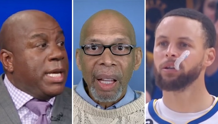 Les icônes de la NBA Magic Johnson (gauche), Kareem Abdul-Jabbar (centre) et Stephen Curry (droite)