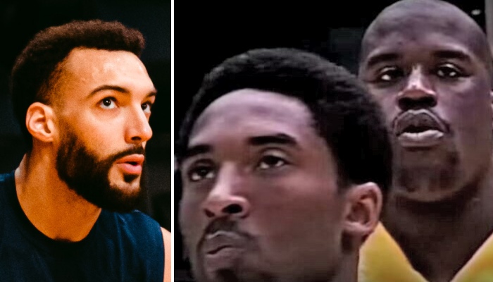 La star française Rudy Gobert (gauche) et les légendes NBA Kobe Bryant et Shaquille O'Neal (droite)