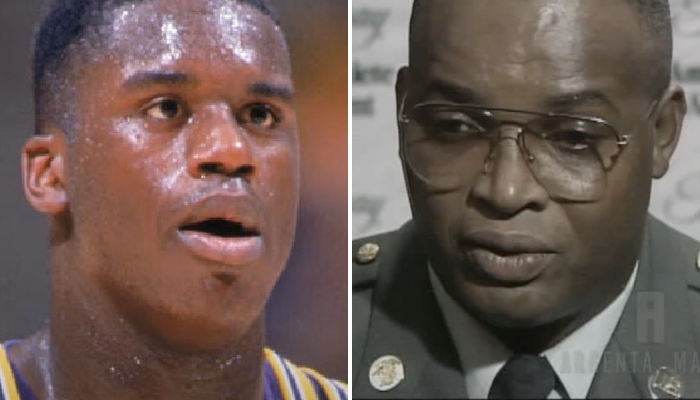 La légende NBA Shaquille O'Neal, ici durant son passage à la fac de LSU, et son beau-père Phillip A. Harrison