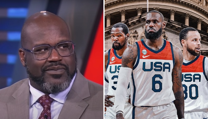 La légende NBA Shaquille O'Neal (gauche) et les stars américaines Kevin Durant, LeBron James et Stephen Curry (droite)