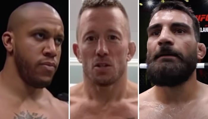 Les combattants UFC Ciryl Gane (gauche), Georges Saint-Pierre (centre) et Benoit Saint-Denis (droite)