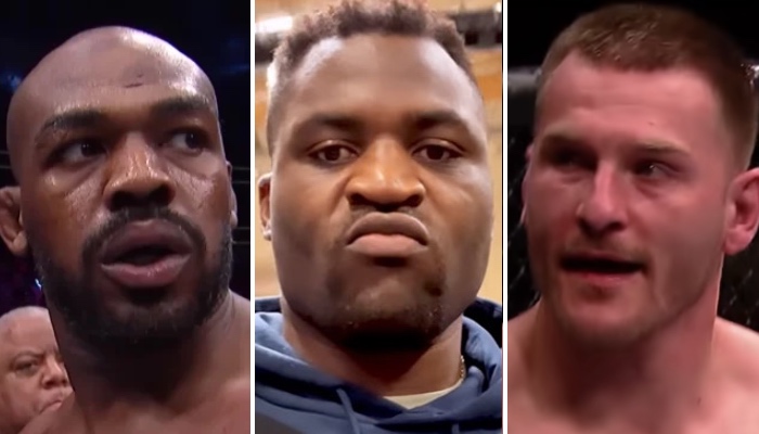 Les stars de l'UFC Jon Jones (gauche) et Stipe Miocic (droite) ainsi que l'ancien champion poids lourds de la fédération, Francis Ngannou (centre)