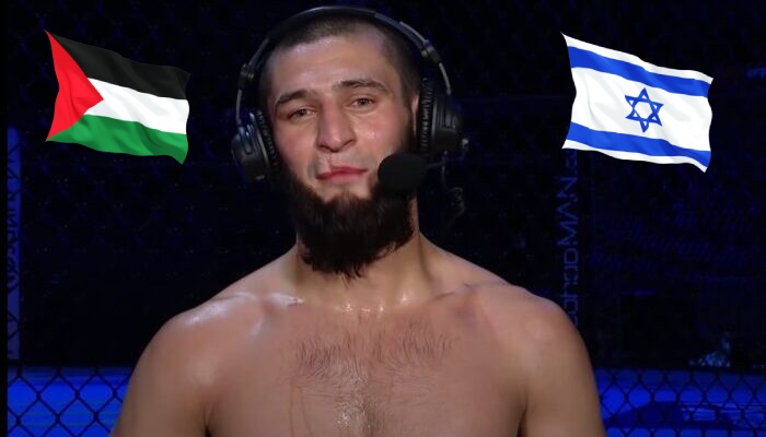 La star de l'UFC, Khamzat Chimaev, entourée des drapeaux palestinien et israélien