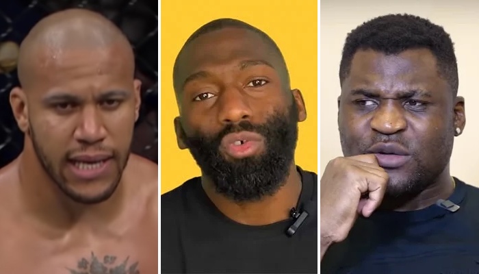 Le combattant UFC Ciryl Gane (gauche) et les stars de la PFL Cédric Doumbé (centre) et Francis Ngannou (droite)