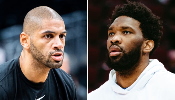 Le capitaine de l'équipe de France, Nicolas Batum (gauche) et la nouvelle star de Team USA, Joel Embiid (droite)