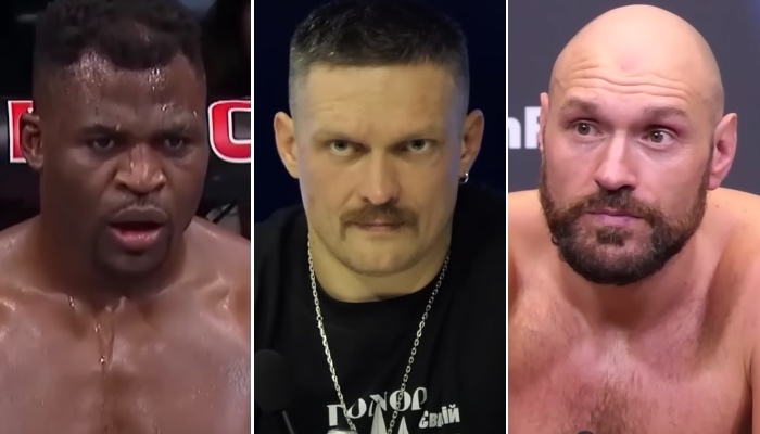 Les combattants stars Francis Ngannou (gauche), Oleksandr Usyk (centre) et Tyson Fury (droite)