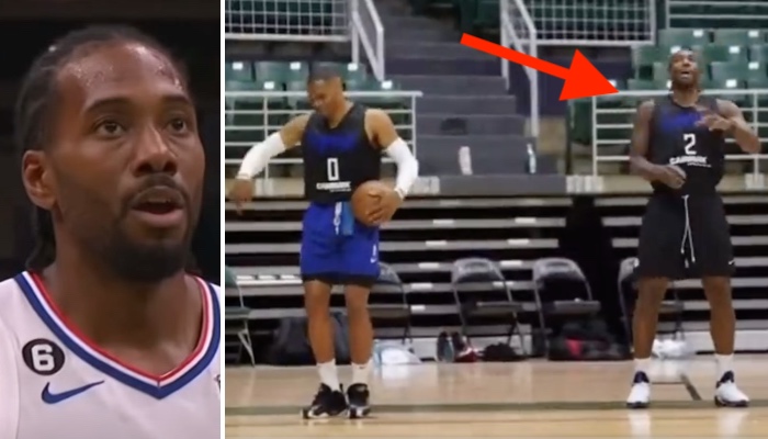 La superstar NBA des Los Angeles Clippers, Kawhi Leonard (gauche), a été filmée en train de s'ambiancer avec son coéquipier Russell Westbrook à l'entrainement