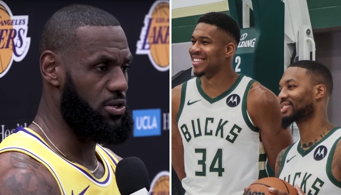 Les superstars NBA LeBron James (gauche), Giannis Antetokounmpo et Damian Lillard (droite)