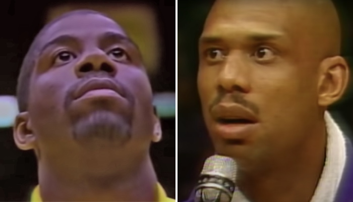 Les légendes NBA des Los Angeles Lakers, Magic Johnson (gauche) et Kareem Abdul-Jabbar (droite)