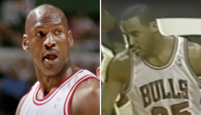 Les anciens joueurs NBA des Chicago Bulls, Michael Jordan (gauche) et Jason Caffey (droite)