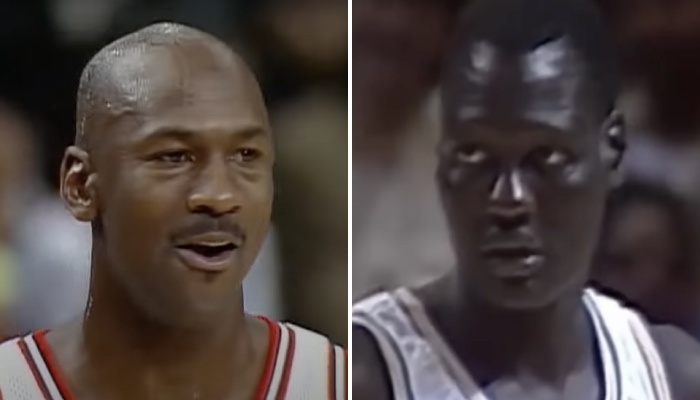 Les légendes NBA Michael Jordan (gauche) et Manute Bol (droite)