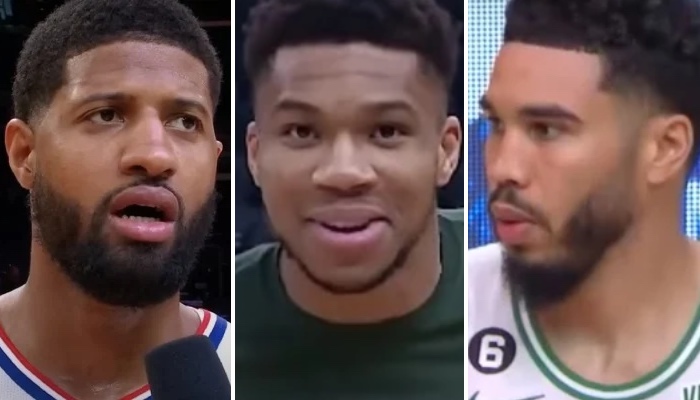 Les stars NBA Paul George (gauche), Giannis Antetokounmpo (centre) et Jayson Tatum (droite)