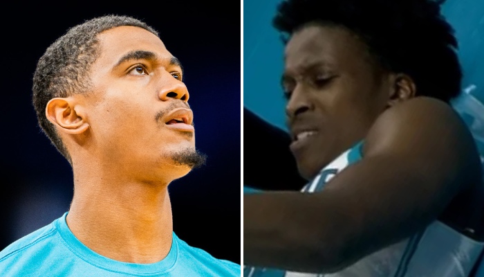 Les joueurs NBA français des Charlotte Hornets, Théo Maledon (gauche) et Frank Ntilikina (droite)