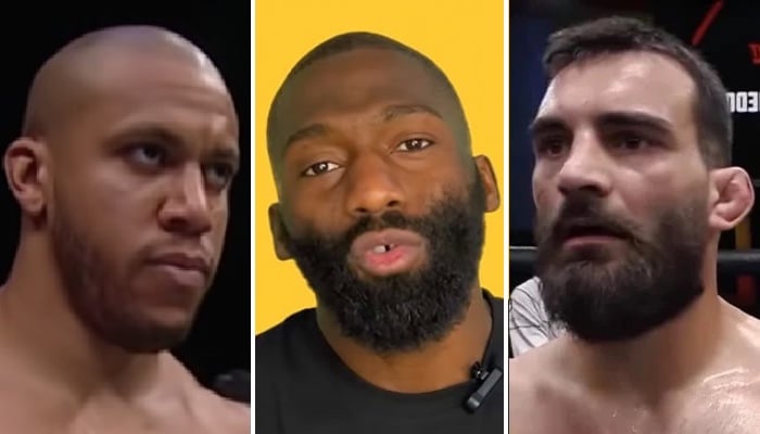 Les combattants français stars du MMA, Ciryl Gane (gauche), Cédric Doumbé (centre) et Benoit Saint-Denis (droite)