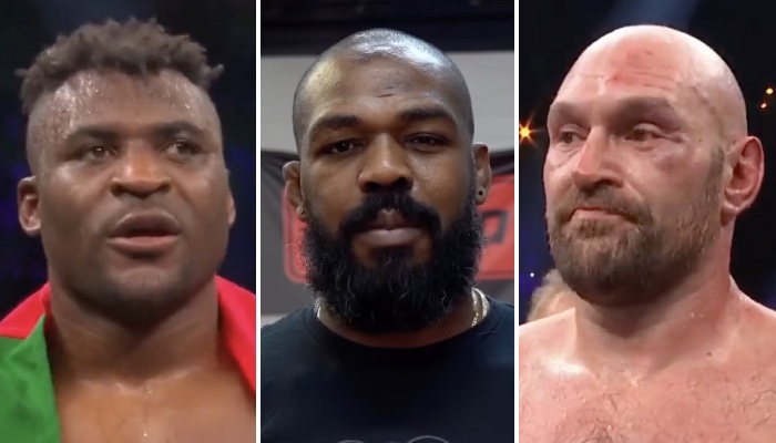 Les combattants stars Francis Ngannou (gauche), Jon Jones (centre) et Tyson Fury (droite)