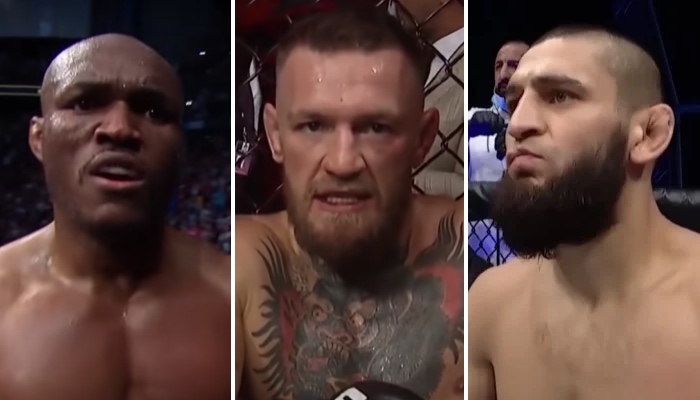 Les stars de l'UFC Kamaru Usman (gauche), Conor McGregor (centre) et Khamzat Chimaev (droite)