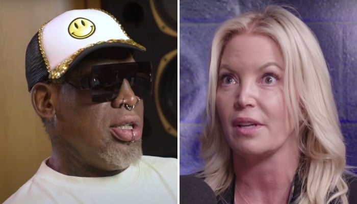 La légende NBA Dennis Rodman (gauche) et la propriétaire des Los Angeles Lakers, Jeanie Buss (droite)