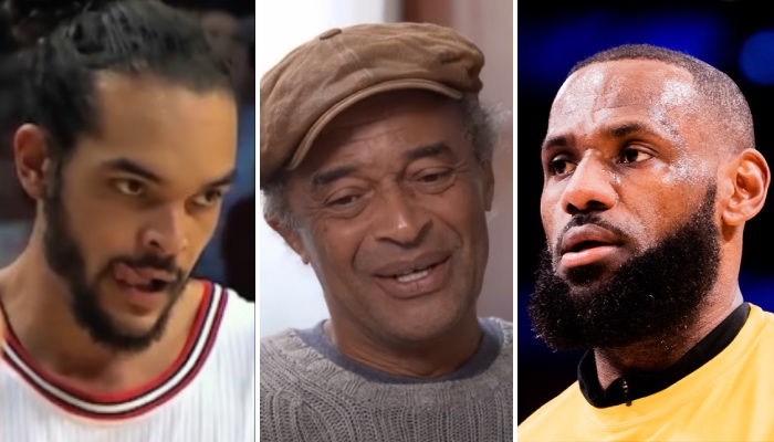 Les joueurs NBA Joakim Noah (gauche) et LeBron James (droite) ainsi que l'ancien tennisman Yannick Noah (centre)