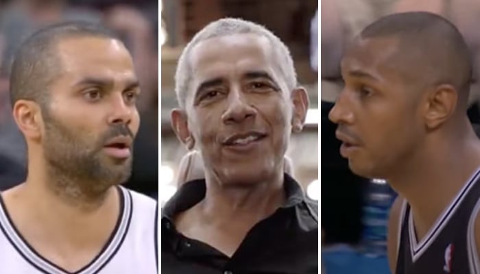 Les anciennes stars NBA françaises, Tony Parker (gauche) et Boris Diaw (droite), ainsi que le 44ème président des États-Unis, Barack Obama (centre)