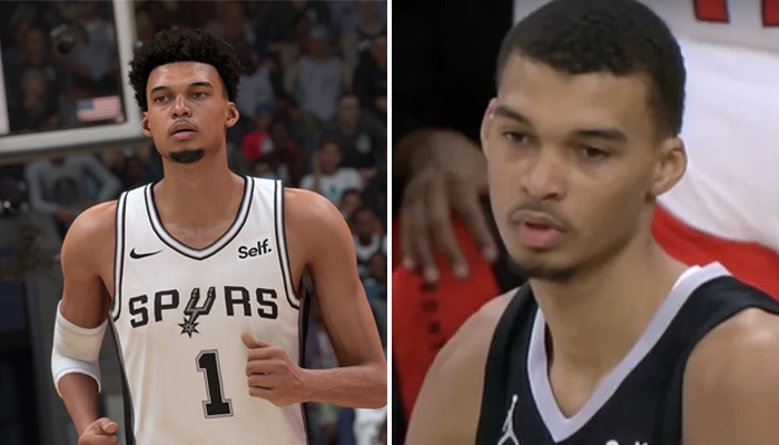 Le joueur NBA français des San Antonio Spurs, Victor Wembanyama (droite), et son avatar sur le célèbre jeu vidéo NBA 2K (gauche)