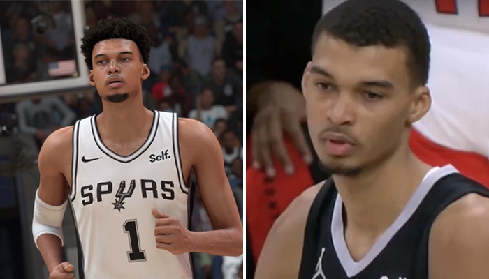 Le joueur NBA français des San Antonio Spurs, Victor Wembanyama (droite), et son avatar sur le célèbre jeu vidéo NBA 2K24 (gauche)