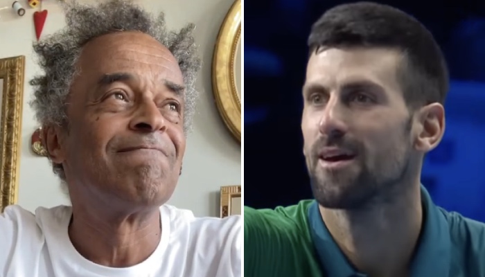 Les légendes du tennis Yannick Noah (gauche) et Novak Djokovic (droite)