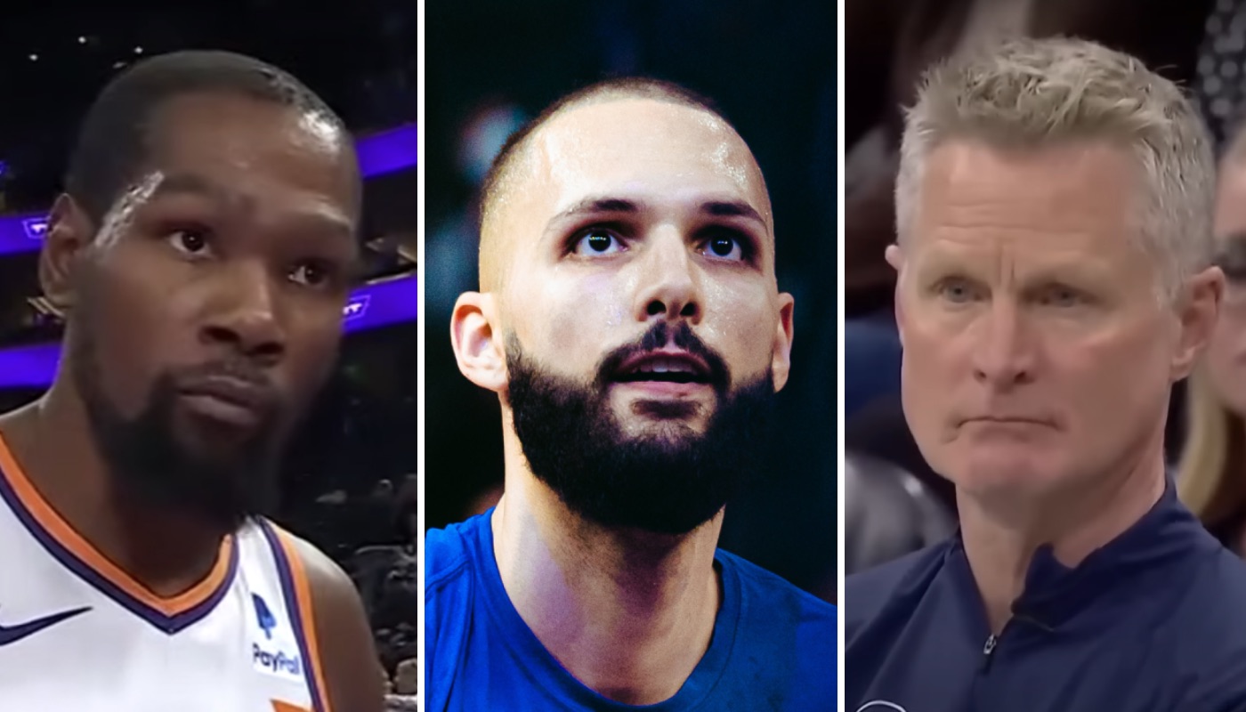 La star NBA des Phoenix Suns, Kevin Durant (gauche), le joueur français des New York Knicks, Evan Fournier (centre) et l'entraineur des Golden State Warriors, Steve Kerr (droite)