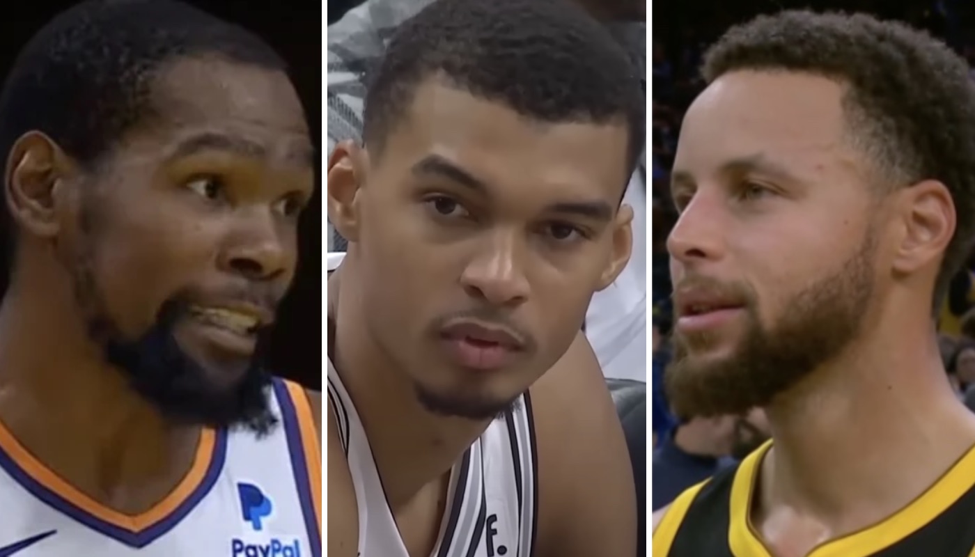 Les stars NBA Kevin Durant (gauche), Victor Wembanyama (centre) et Stephen Curry (droite)