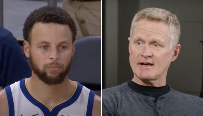 La superstar NBA des Golden State Warriors, Stephen Curry (gauche) et son entraineur, Steve Kerr (droite)