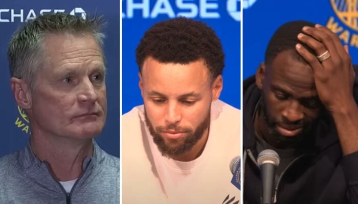 Steve Kerr, Steph Curry et Draymond Green en conférence de presse