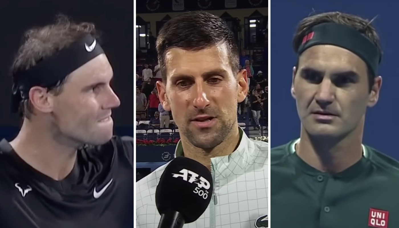 Les légendes du tennis Rafael Nadal (gauche), Novak Djokovic (centre) et Roger Federer (droite)