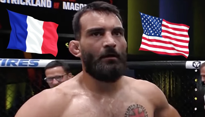 Le combattant UFC Benoit Saint-Denis, entouré des drapeaux français et américain