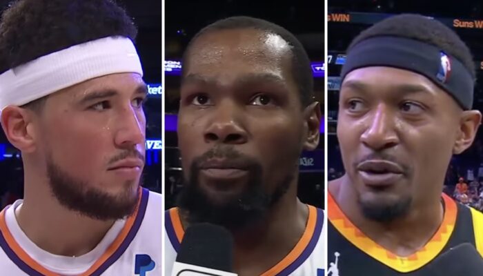 Les stars NBA des Phoenix Suns, Devin Booker (gauche), Kevin Durant (centre) et Bradley Beal (droite)