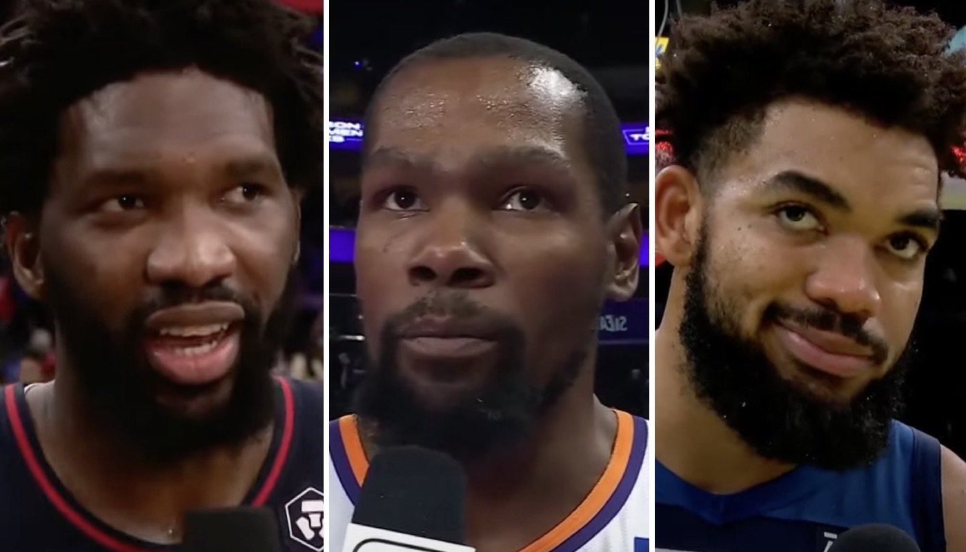 Les stars NBA Joel Embiid (gauche), Kevin Durant (centre) et Karl-Anthony Towns (droite)