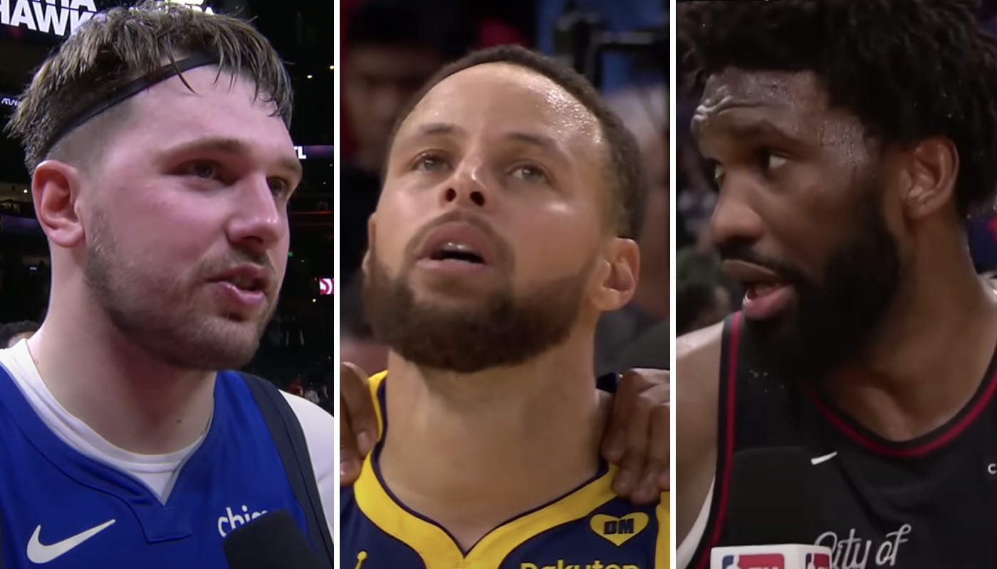 Les superstars NBA Luka Doncic (gauche), Stephen Curry (centre) et Joel Embiid (droite)