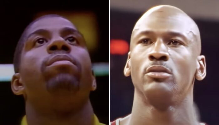 Les légendes NBA Magic Johnson (gauche) et Michael Jordan (droite)