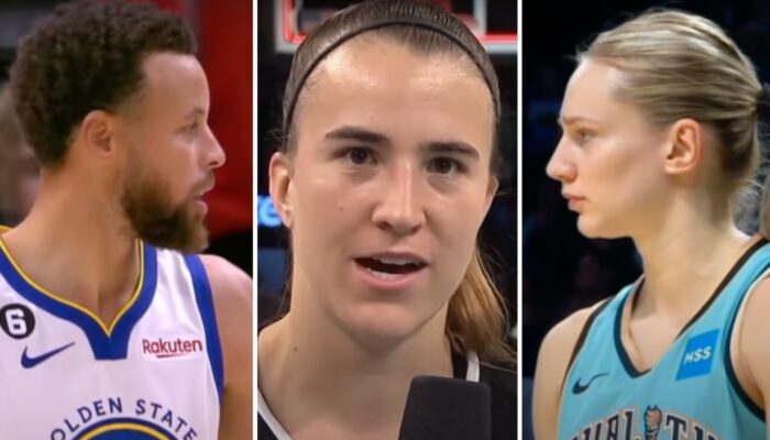 La superstar NBA Stephen Curry (gauche) et les stars WNBA Sabrina Ionescu (centre) et Marine Johannès (droite)