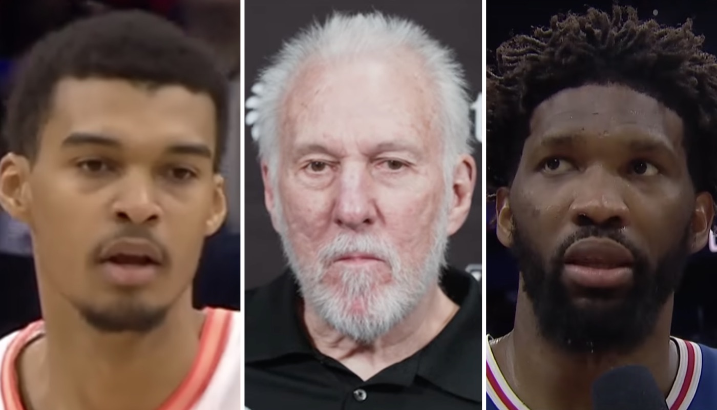 Les stars NBA Victor Wembanyama (gauche) et Joel Embiid (droite) ainsi que le coach des San Antonio Spurs Gregg Popovich (centre)