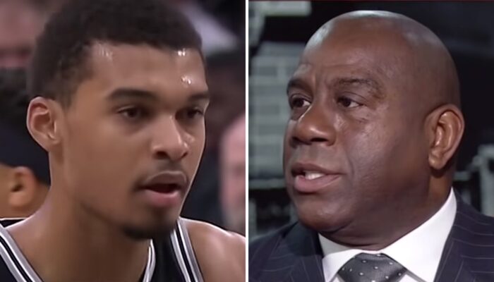 Le joueur français des San Antonio Spurs, Victor Wembanyama (gauche) et la légende NBA Magic Johnson (droite)