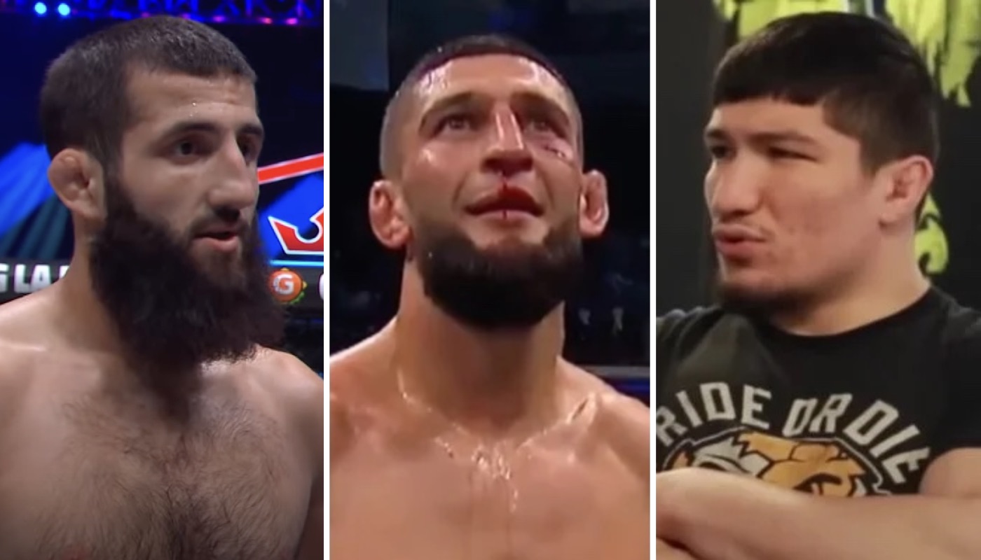 Les combattants MMA Abdoul Abdouraguimov (gauche), Khamzat Chimaev (centre) et Baysangur « Baki » Chamsoudinov (droite)