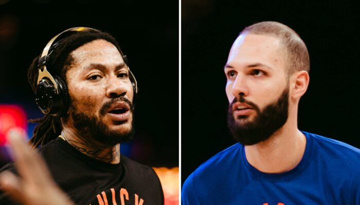 Les joueurs NBA Derrick Rose (gauche) et Evan Fournier (droite)