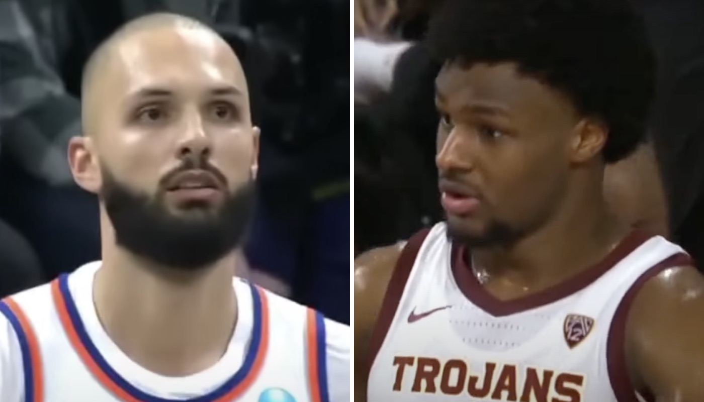 Le joueur NBA français Evan Fournier (gauche) et le prospect NCAA Bronny James (droite)