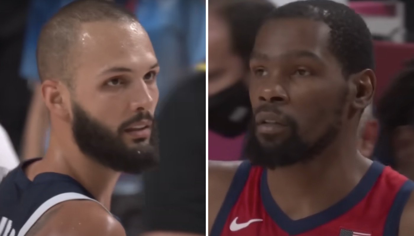 Evan Fournier (gauche) sous les couleurs de l'équipe de France et Kevin Durant (droite) avec le maillot de Team USA