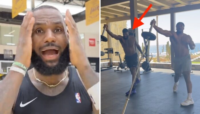 La superstar NBA LeBron James (gauche) a paru bien petite à côté d'un autre gros nom du sport US