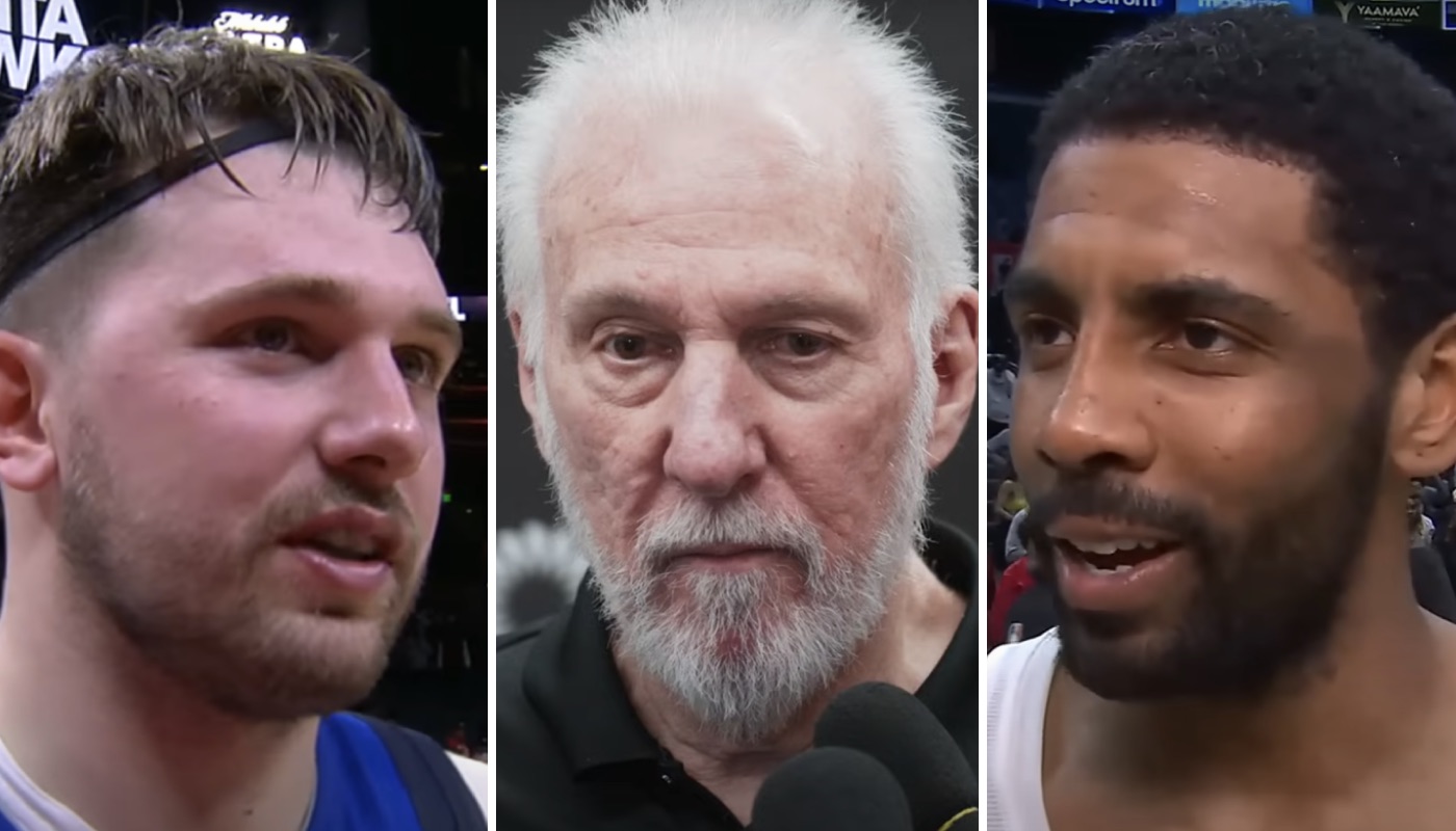 Les superstars NBA des Dallas Mavericks, Luka Doncic (gauche) et Kyrie Irving (droite), et l'entraineur des San Antonio Spurs, Gregg Popovich (centre)