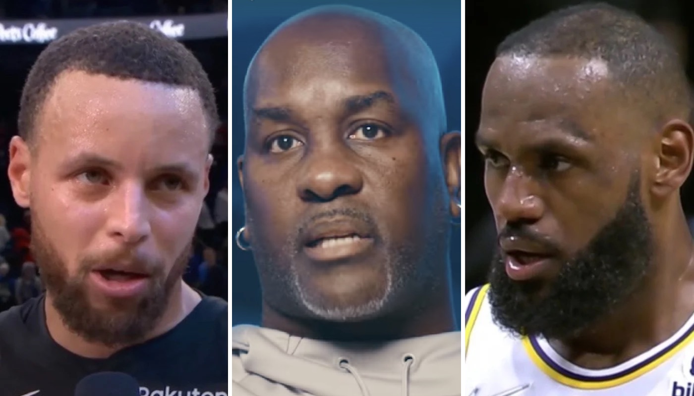 Les légendes NBA Stephen Curry (gauche), Gary Payton (centre) et LeBron James (droite)